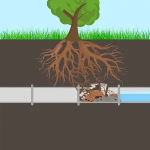 Established roots creating blockages in the cracked main sewer pipes
